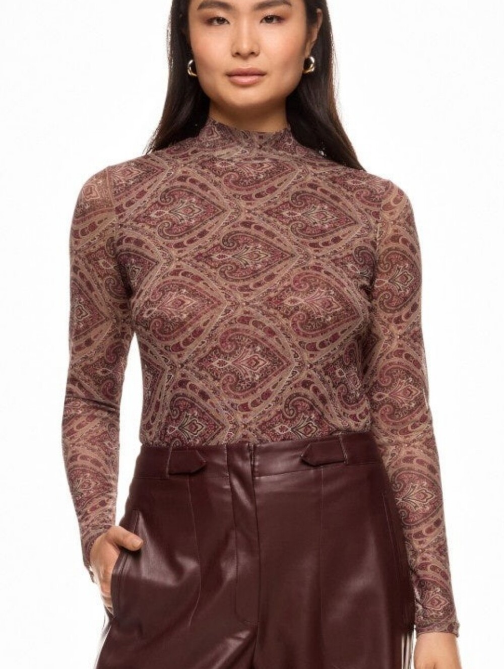 Ronny Kobo Mock Neck Mesh Top Mock Neck Long Sleeve Size S